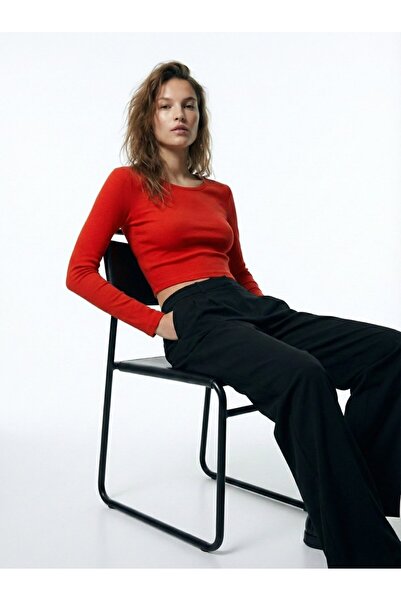 Ltb Long Sleeve Boat Neck Crop Orange Sweatshirt