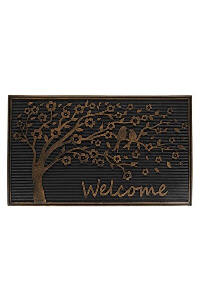 OEM Covoras Intrare Negru cu Model Copac cu Flori & Pasari ”Welcome” 75x45cm