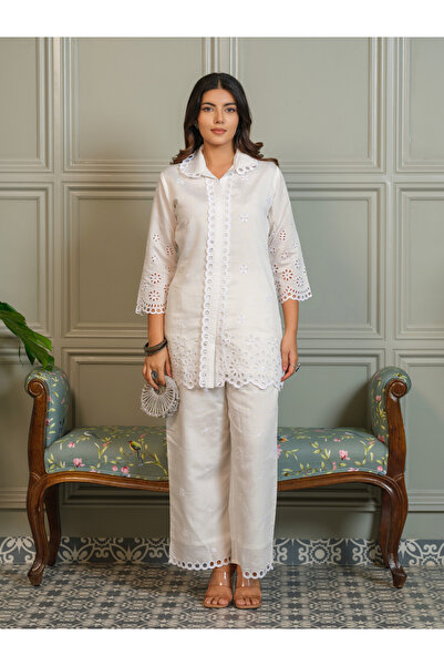 DW By Styli Women Schiffli Design Shirt and Trousers Co-Ords