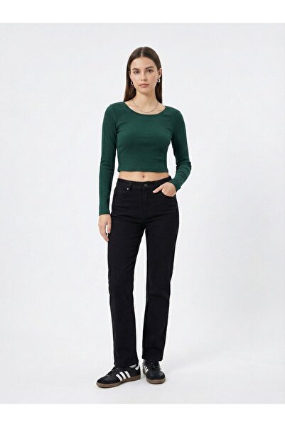 Ltb Long Sleeve Crew Neck Crop Green Sweatshirt