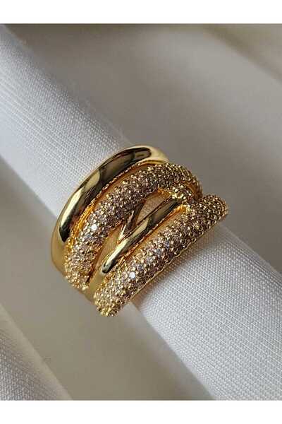 ZÜLİSCH Steel Ring Waterway Gold Zircon Stone Wide Model Adjustable Model