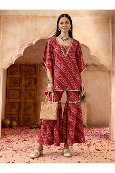 Globus By Styli Women Red Kimono Sleeves Kaftan Tunic and Sharara Co-Ords