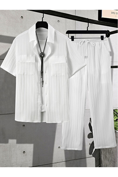 Take Two By Styli Men White Textured Shirt and Trousers Co-Ords