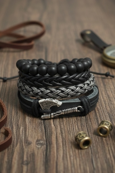 E&F Takı Balta Design 4 Pieces Black Real Leather Bracelet Fashion Bracelet H...