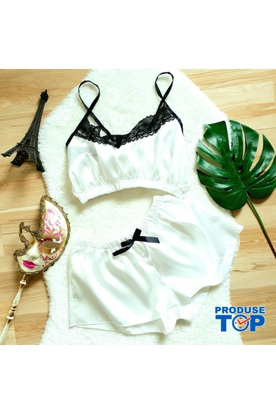 Produse.Top White Satin Women's Pajama with Lace Top and Shorts