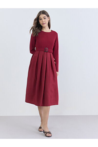 Styli Women Maroon Belted A-Line Midi Dress