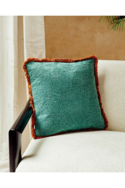 REDTAG Teal Cushion With Rust Fringe