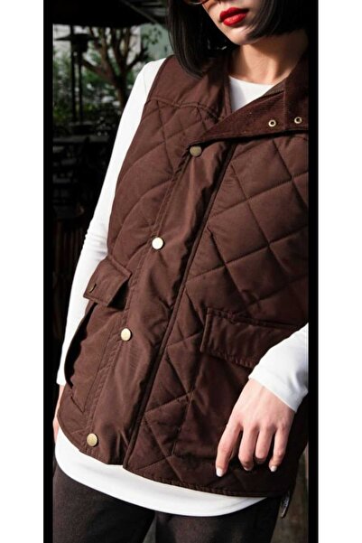 shop TUA Kadife Yaka Kapitone Yelek - Çıtçıt / Fermuar Detaylı