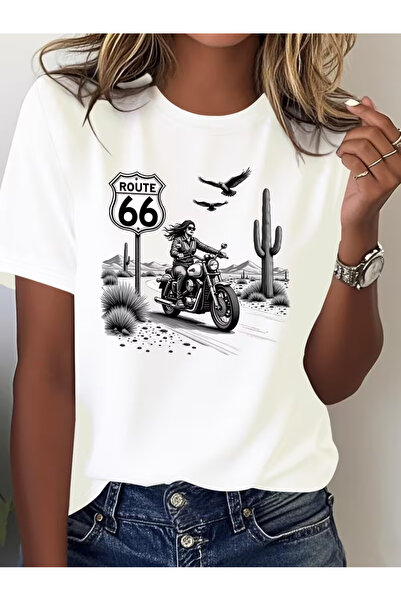 EYMORA Μπλουζάκι με στάμπα  "66 MOTORCYCLE GIRL " με κοντά μανίκια