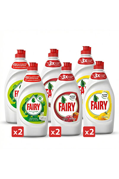 Fairy Detergent lichid de vase 6 x 450 ml PACHET COMPLET. Lămâie - Măr - Rodie