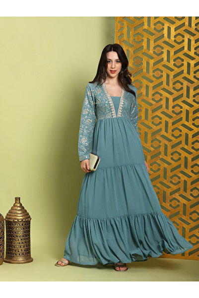 Globus By Styli Women Green Pleated Embroidered Maxi Dress