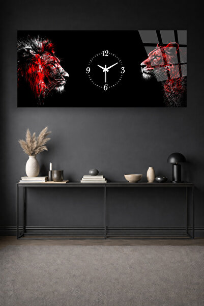 Olinpa KIRILMAZ CAM DUVAR SAATİ , HEM TABLO HEM SAAT ASLAN FİGÜRLÜ TASARIM EV...