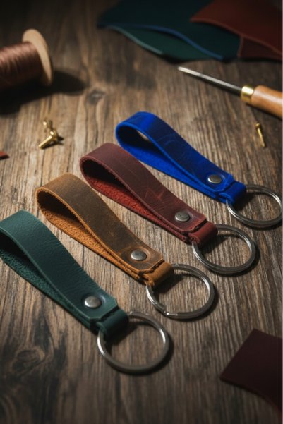 E&F Takı 4 Pcs Real Leather Keychain 4 Colors Genuine Leather Keychain Gift Keychain