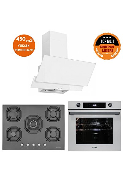Eminçelik ve AFM TECH Markalı /ALVA 5 Gözlü 1'WOK Beyaz-Siyah Ankastre Set (2...