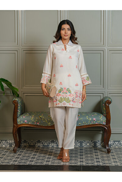 DW By Styli Women Embroidered Shirt Collar Tunic and Trousers Co-Ords