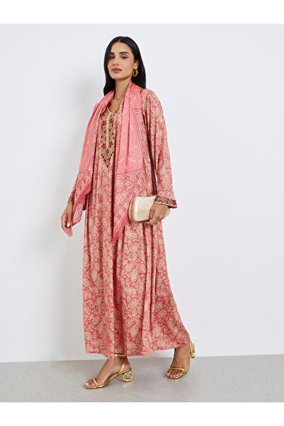 Styli Women Pink Printed Embroidered Jalabiya with Scarf