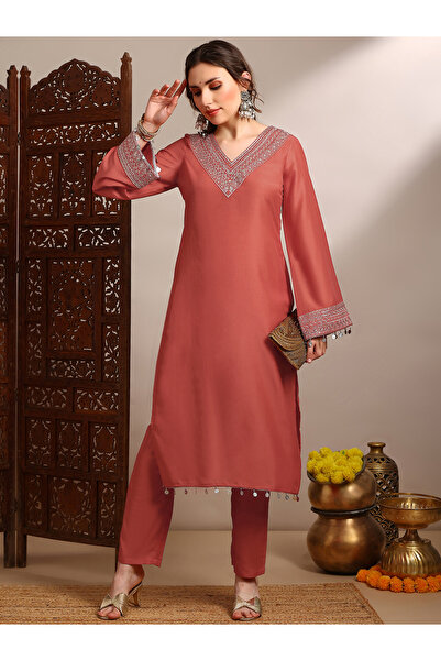 Globus By Styli Women Orange Sequin Zari Embroidered Kurta with Pants Set