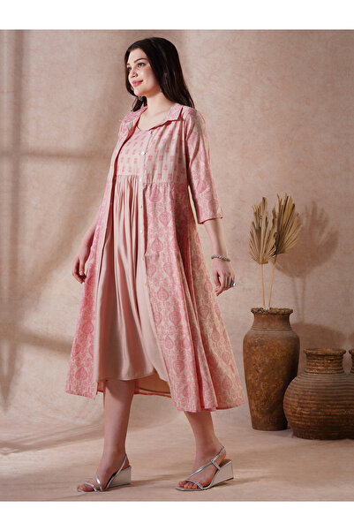 Globus By Styli Women Peach Strappy Shoulder Midi Dress with Shrug