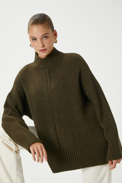 Ritnice Women's Wonder Soft Mock Neck Khaki Slit Oversized Knitwear Sweater