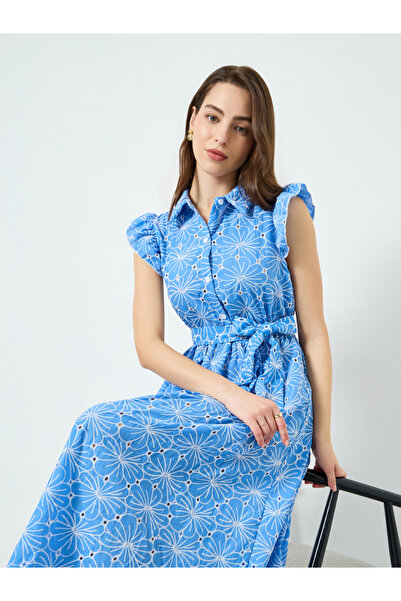 Take Two By Styli Women Blue Floral Printed Frill Sleeve Midi Dress