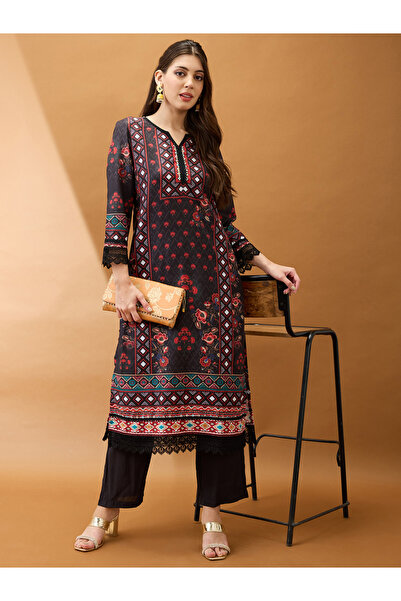Globus By Styli Women Black Floral Print Lace Insert Kurta with Pant Set
