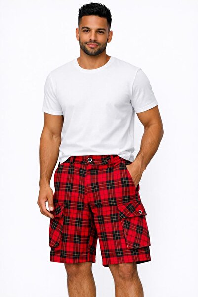 Generic Men’s Red Check Cargo Shorts – Multi Pocket Woven Cotton Blend Casual...