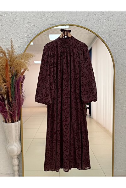 MİHRA STORE Leman Balloon Sleeve Patterned Organized Dress-Ek763 Brown