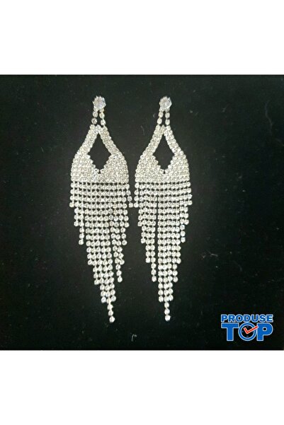 Produse.Top Elegant Long Silver Earrings with Fringes and Rhinestones CW62