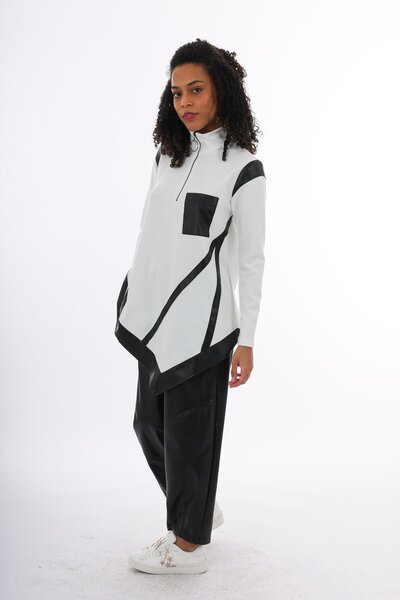 byözlemyazan Asimetrik Kesim Deri Detaylı Kadın Sweat