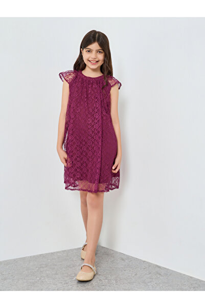 Styli فستان بناتي قصير الأكمام من الدانتيل العنابي