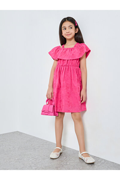 Styli Girls Pink Embroidered Cold Shoulder Dress