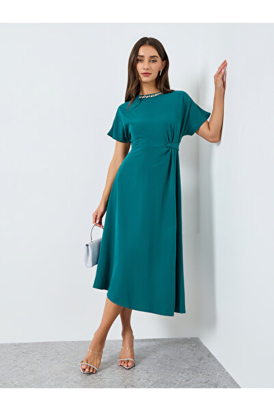 Styli Women Teal Embellished Short Sleeves Midi Dress