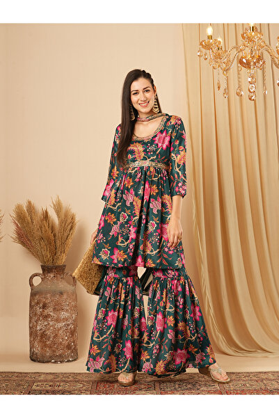 Globus By Styli Women Sequined Yoke Tunic, Gharara and Chocker Dupatta Festiv...