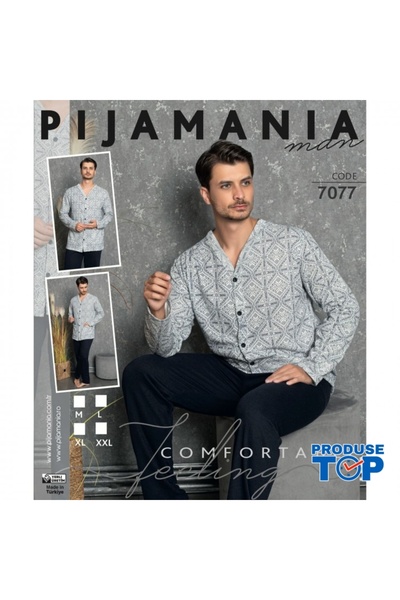 Produse.Top Men's Pajamas with Print and Buttons, Long Pants