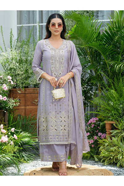 DW By Styli Women Purple Embroidered Straight Kurta with Trouser and Dupatta Set