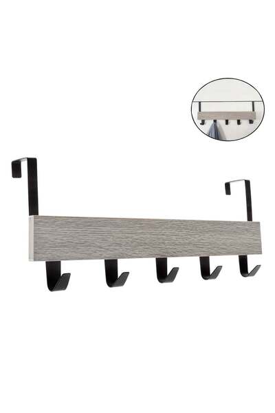 OEM Cuier Usa Gri din Lemn & Metal cu 5 Carlige 38x7x16cm