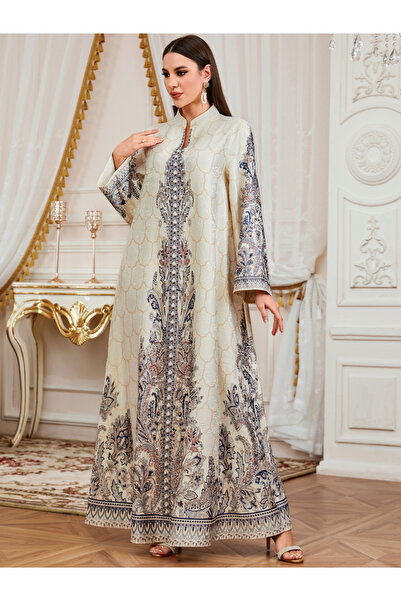 Take Two By Styli Women Floral Print Embellished Faux Pearl Jalabiya