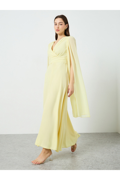 Take Two By Styli Women Yellow Crossed Fitted Waist Cape Maxi Dress