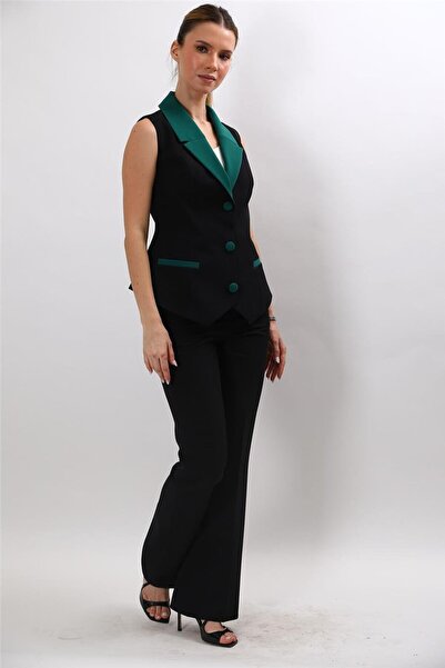 ÖNDER ÖZSOY Garnili Ceket Yaka Klasik Yelek & Cepli İspanyol Paça Pantolon Ka...