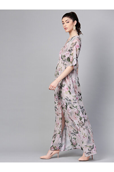 Sassafras By Styli V Neck Floral Print Maxi Dress with Front Slit