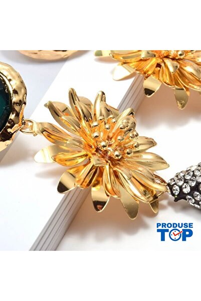 Produse.Top Elegant Earrings with Golden Flower and Silver Rhinestones and Bl...
