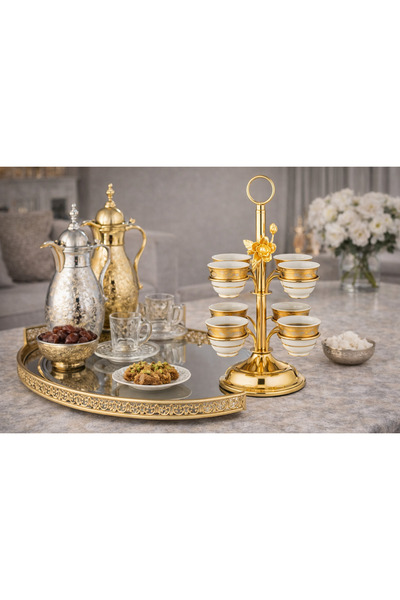 Dania حاملة فناجين القهوة العربية الفاخرة باللون الذهبي – تحمل 6 فناجين | مقا...