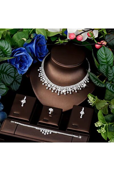 VİYA Darien Zirkon Taşlı Takı Seti Kolye Küpe Bileklik Yüzük Set Düğün Nişan ...