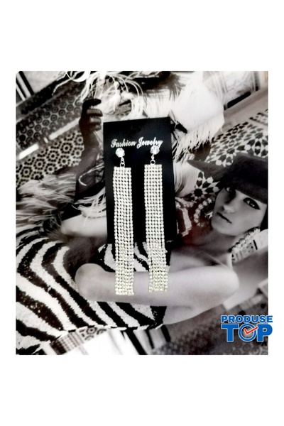 Produse.Top Elegant Long Silver Earrings with Fringes and Rhinestones CW65