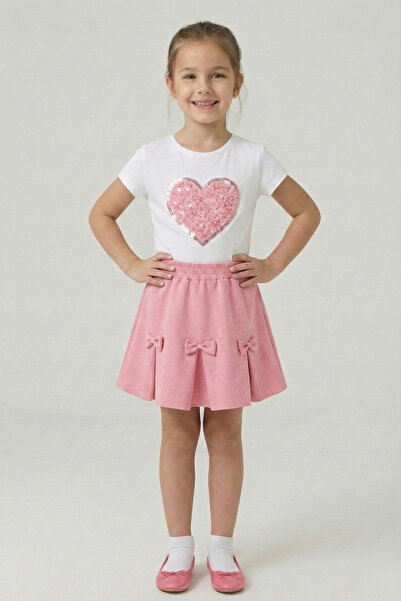 FATELLA تي شيرت بناتي وردي بتصميم قلب مع تنورة بشريط وردي، طقم ملابس عرض لـ 2...