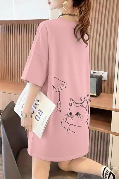 Oksit Fish and Cat Women's Oversized Basic Crew Neck Cotton T-Shirt Relaxed F...