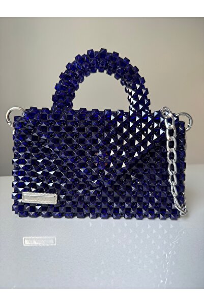 begüm jewelery LACİVERT PARLAK KÜBİK TAŞLARLA İŞLENMİŞ TASARIM EL ASKILI ÇANTA