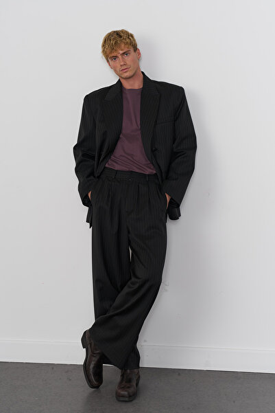 Beyyoglu Yün Karışımlı Çizgili Bol Kesim Pantolon