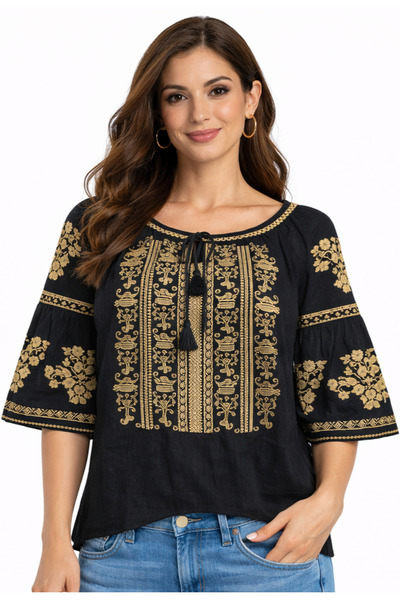Nobrand Traditional black women's blouse with beige geometric embroidery, 3/4...