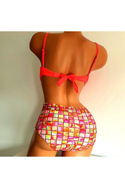 Produse.Top Two-Piece Bathing Suit with Red Balconette Push-Up Bra and High-W...